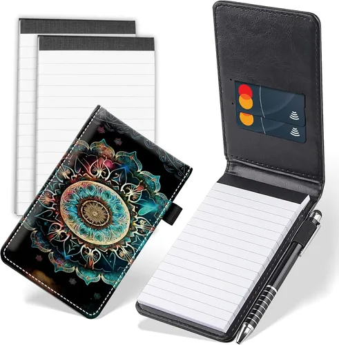 Vista 12 de Juego de 4 mini bloc de notas de bolsillo, diseño de corazón de dinosaurio, funda de piel sintética, soporte para notas con 2 ranuras para tarjetas
