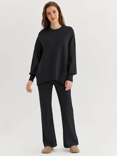 Vista 2 de LILLUSORY Conjunto de 2 piezas para mujer, sudadera de punto de gran tamaño, pantalones de pierna ancha, conjunto de descanso