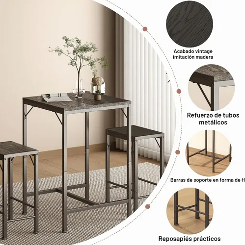 Vista 7 de Homeiju Juego de mesa y sillas de bar, mesa de bar cuadrada con 2 taburetes, juego de comedor que ahorra espacio para 2, perfecto para cocina