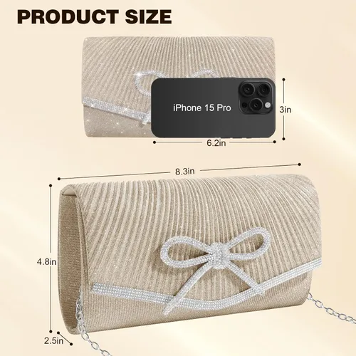 Vista 6 de Bolso de noche para mujer, bolsos de mano con lazo brillante, bolsa cruzada, bolsa de boda, fiesta de diamantes de imitación con purpurina