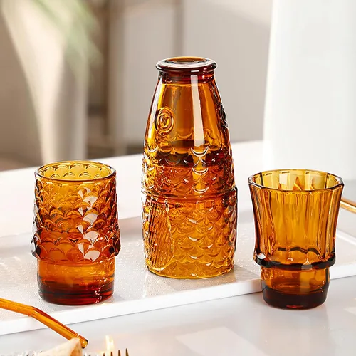 Vista 4 de Juego de 4 vasos para beber con diseño de pez Koi, vasos de ámbar apilables, vasos para bebidas, vasos de jugo, vasos de agua potable, cristalería