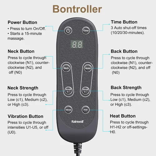 Vista 6 de Rainwolf Almohada Masajeadora Shiatsu para Cuello y Espalda con Calor - Masajeador de Tejido Profundo 4D con Amasamiento Completo para la Espalda