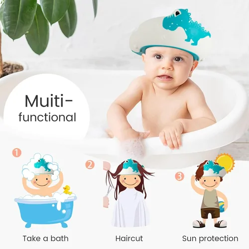 Vista 6 de FUNUPUP - Gorro de ducha para bebé, para niños, champú de baño para bebé, visera de lavado de cabello, ajustable, dinosaurio azul