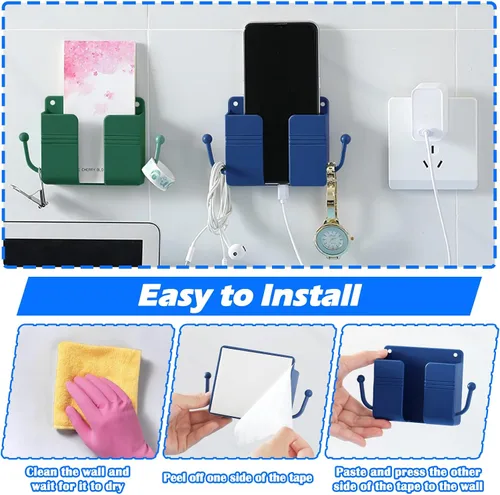 Vista 6 de 3 soportes para teléfono de montaje en pared, caja de almacenamiento universal con soporte para control remoto, ganchos para cable de carga