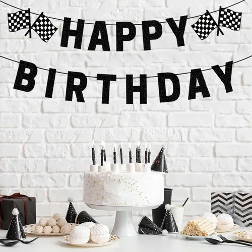 Vista 5 de Cartel de cumpleaños de coche de carreras pre-encordado negro cartel de feliz cumpleaños cartel de carreras fiesta de coche decoraciones
