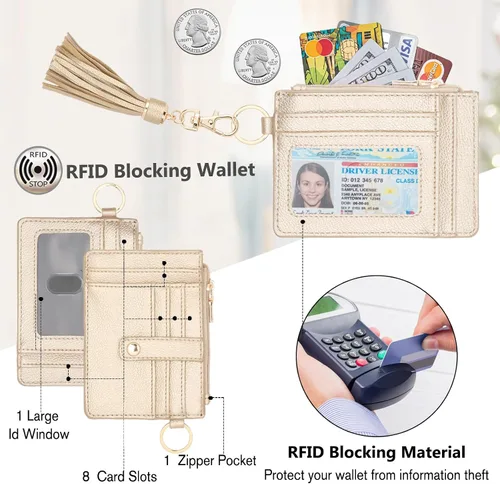 Vista 2 de KNGITRYI Cartera llavero pulsera para mujer, delgado RFID tarjeta de crédito, monedero, borla llavero brazalete para hombres y mujeres, Dorado, Rfid