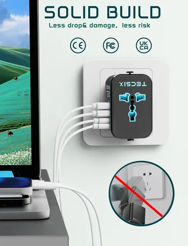 Vista 14 de Adaptador de Viaje Universal, Adaptador de Energía Internacional con 2 USB-C, 2 Puertos USB-A, Múltiples Salidas AC para UE, EE. UU., Reino Unido