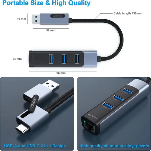 Vista 6 de BENFEI Adaptador USB-C/USB 3.0 a Ethernet 2 en 1 con 3 puertos USB 3.0 compatibles con iPhone 15 Series, MacBook Pro/Air 2023/2022/2021/2020/2019