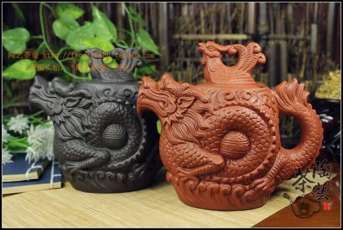 Vista 3 de Tetera Dragón y Fénix Tetera Gran Capacidad Juego de té de arcilla morada Hervidor Kung Fu Tetera (16.9 fl oz/17oz, rojo)