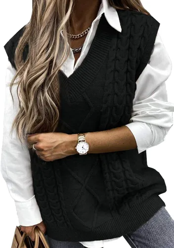 Vista 28 de EVALESS Chaleco Suéter de Gran Tamaño para Mujeres Cuello en V Sin Mangas Color Sólido Suéter Pullover Suelto 1 caqui.