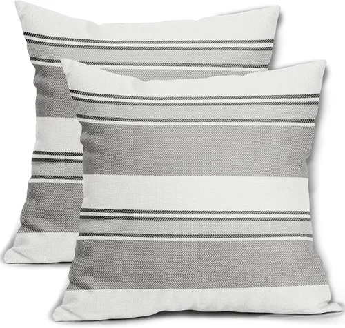 Vista 8 de Juego de 2 fundas de almohada a rayas negras y marrones de 16 x 16 pulgadas, diseño de rayas bohemias con estampado de rayas color crema, fundas