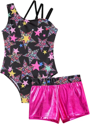 Vista 5 de Gymnastics Leotards for Girls Shiny Dancewear with Matching Shorts Two-Piece Set Activewear