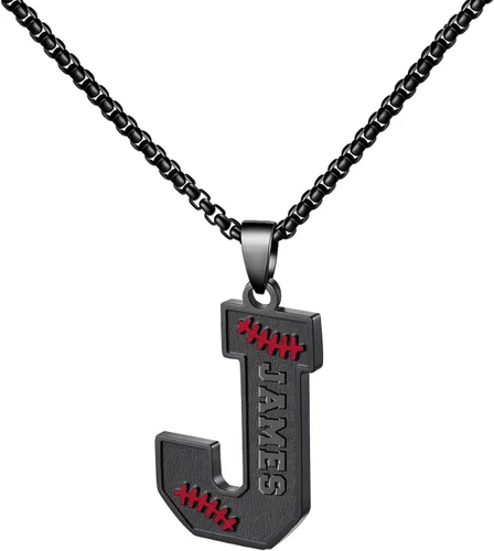 Vista 74 de Ldurian Collar personalizado con nombre de béisbol, cadena negra de acero inoxidable, collar con nombre deportivo, letra A-Z de 24 pulgadas, regalos