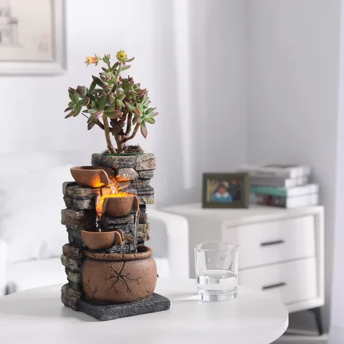 Vista 5 de Fuente interior de 4 tazones Rockery con sonido calmante para decoración del hogar y la oficina con una pequeña maceta de plástico para cultivar