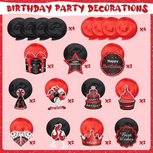 Vista 3 de Funrous 30 remolinos colgantes de feliz cumpleaños rojos y negros, decoraciones de fiesta de cumpleaños, decoraciones de remolinos colgantes