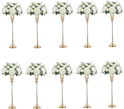 Vista 8 de Jarrones altos dorados versátiles de 32.2 pulgadas de altura para centros de mesa, jarrones de trompeta de metal para centros de mesa de bodas