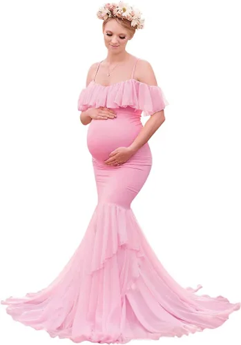 Vista 2 de Vestido de maternidad de encaje floral con volantes y tirantes delgados para mujer, para fotografía, vestido de maternidad de sirena con hombros
