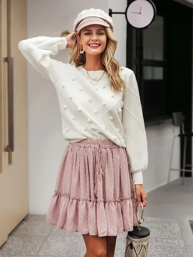 Vista 7 de Miessial Suéter de otoño con cuello redondo para mujer, lindo suéter de punto grueso de manga larga abombada con pompón
