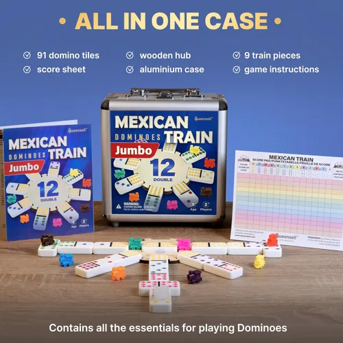 Vista 3 de Queensell Juego de dominó de tren mexicano doble 12 – Juego de dominó jumbo para adultos, 91 azulejos con puntos coloridos, cubo de madera, tren