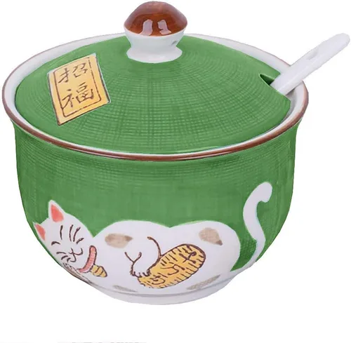 Vista 11 de Cerámica japonesa Maneki Neko Lucky Cat Azúcar Sal Pimienta Tarro de almacenamiento con tapa y cuchara