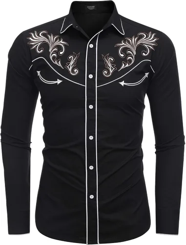 Vista 2 de COOFANDY Camisa vaquera occidental bordada de manga larga de algodón casual con botones para hombre
