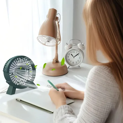 Vista 3 de Ventilador de escritorio USB portátil, mini ventilador de 4 aspas con motor ultra silencioso de 1.5 W, brisa natural para viajes de oficina en casa