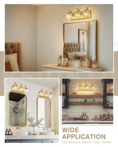 Vista 7 de Beionxii BX-VL03BG-3CG - Lámpara de tocador de baño de 3 luces de oro cepillado, modernas luces de tocador con pantalla de vidrio transparente