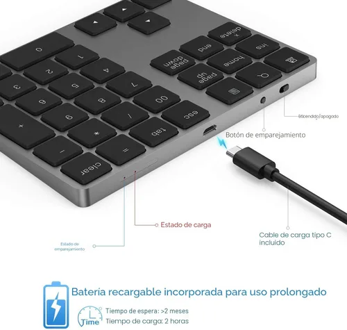 Vista 3 de Teclado Numérico Bluetooth, Lekvey Teclado Numérico Inalámbrico Recargable de Aluminio Delgado de 34 Teclas Teclado Numérico Externo Entrada