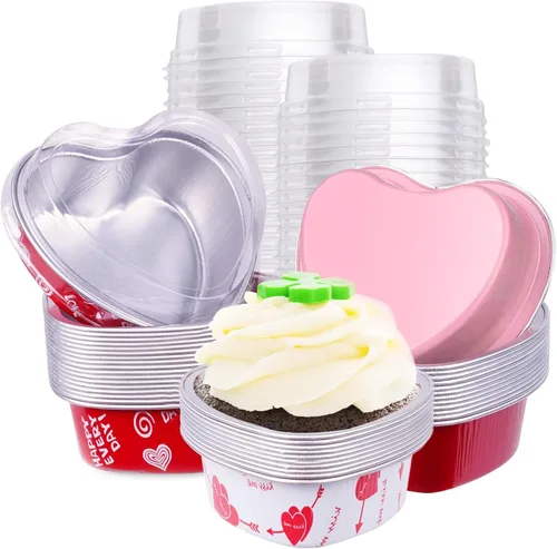 Vista 7 de yeload 60 moldes para pasteles en forma de corazón con tapas, mini moldes de aluminio, 3.4 onzas/3.4 fl oz de papel de aluminio desechable, molde