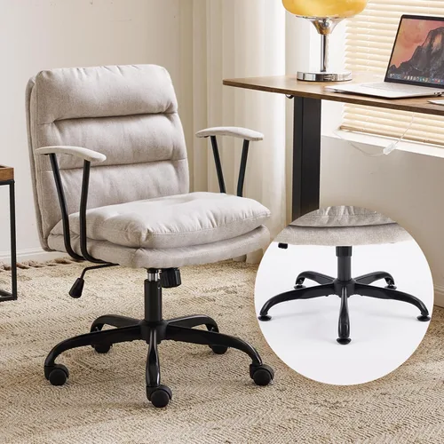Vista 13 de VINGLI Silla de escritorio acolchada blanca con/sin ruedas, base doble, reposabrazos removibles, silla giratoria ajustable y cómoda para Blanco
