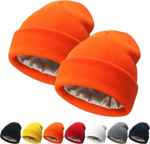 Vista 11 de NPQQUAN 2 PCS Satin Lined Beanie for Women Silk Lined Beanies Winter Warm Soft Lining Cuffed Knit Beanie Hats for Women