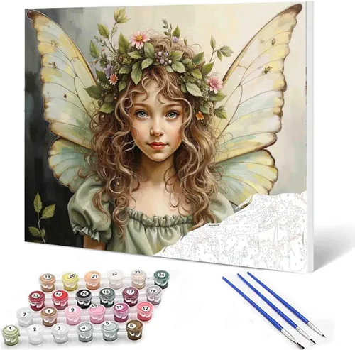 Vista 13 de Little Girl Angel - Pintura por números para adultos, corona rosa, pintura al óleo digital, pintura acrílica, kit de pintura de flores de ángel