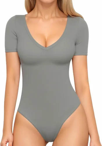 Vista 33 de MANGOPOP Body de manga larga y manga corta para mujer, cuello en V sexy, bodys ajustados para otoño, tops para salir 01-manga larga negro