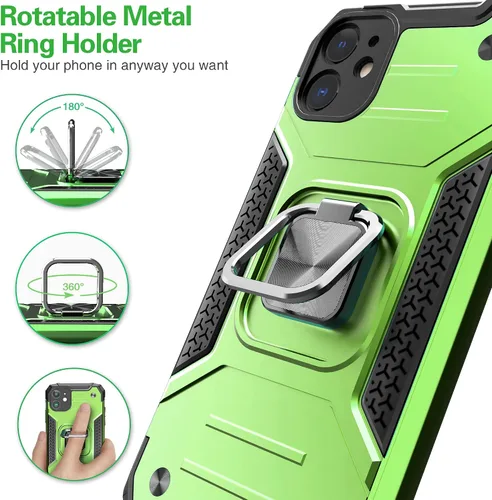 Vista 3 de Funda delgada para iPhone 11 con protector de pantalla, absorción de golpes, resistente a prueba de caídas, con soporte de automóvil, funda Verde
