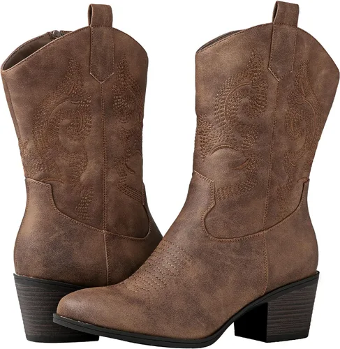 Vista 2 de GLOBALWIN Women's Mid Calf The Western Cowgirl Boots Fashion Cowboy Boots For Women Chunky Low Heel