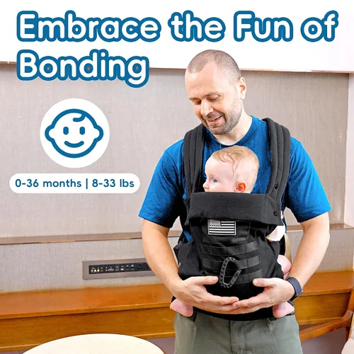 Vista 2 de Portabebés, portabebés para bebés con soporte lumbar (0-36M, 8-33 libras) con reposacabezas plegable y mosquetones para padres grandes y altos, Negro