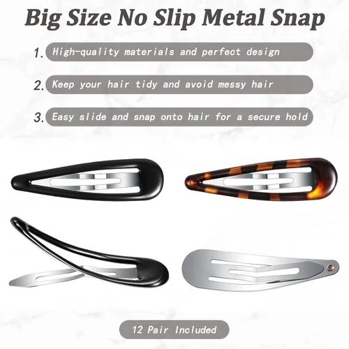 Vista 2 de Waydress 12 piezas de pinzas para el cabello con cierre de presión ovalado para mujeres, pasadores de tortuga de metal, agarres para cabello fino