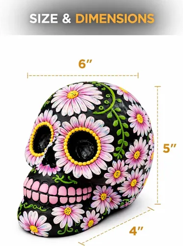 Vista 7 de Banco de monedas con diseño floral de calavera de azúcar negra y rosa de 5 pulgadas