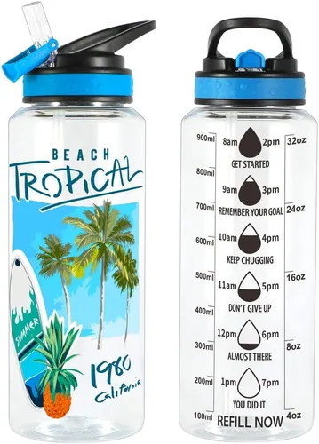 Vista 2 de Botella de agua de 32 onzas – Tritan libre de BPA, boca ancha, tapa abatible con pajilla, fácil de abrir, ligera, a prueba de fugas, con diseño