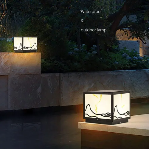 Vista 4 de Luces de poste al aire libre, luz solar de pilar cuadrada de acero inoxidable imitación mármol sombra lámpara de pilar al aire libre impermeable luz