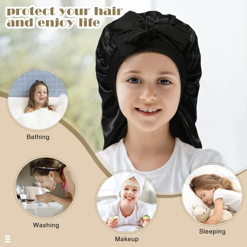 Vista 4 de Gorro de pelo largo para niños para dormir - Gorro de satén elástico de doble capa para niñas con banda de amarre para cabello trenzado y rizado