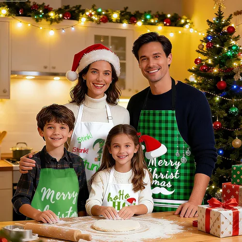 Vista 5 de Juego de 4 delantales de Navidad – Delantales ajustables con árbol de Navidad, medias, muñeco de nieve para la familia, decoración festiva de cocina