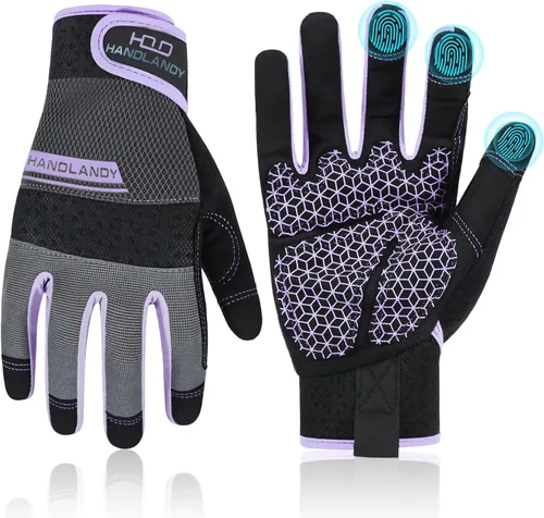 Vista 19 de HANDLANDY Guantes de trabajo para mujer, guantes de jardinería de cuero transpirable para mantenimiento de patio, protección de manos con pantalla