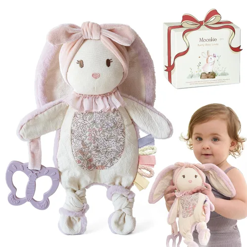Vista 10 de Moonkie Baby Lovey con mordedor de silicona, manta de seguridad de dinosaurio con cintas texturizadas, juguetes arrugados, terciopelo Minky suave