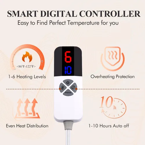 Vista 4 de COZYTY Manta eléctrica tamaño matrimonial, manta térmica con 6 niveles de calefacción y 1-10 horas de apagado automático, franela súper suave, 72 x
