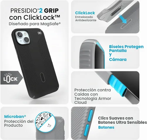 Vista 3 de Speck Funda para iPhone 15 Plus – Bloqueo de bloqueo antideslizante ClickLock, diseñada para MagSafe, agarre de protección contra caídas