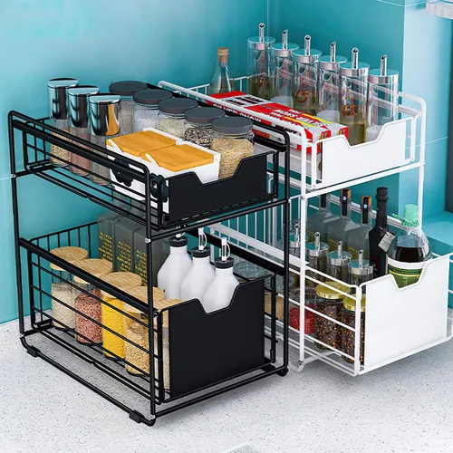 Vista 7 de Cesta deslizante de 2 niveles para gabinete con cajón deslizante debajo del fregadero, estante de almacenamiento para encimera de cocina, despensa