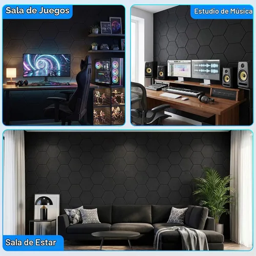 Vista 7 de Paquete de 12 paneles acústicos hexagonales, paneles autoadhesivos para amortiguar el sonido, paneles de espuma a prueba de sonido para paredes Negro