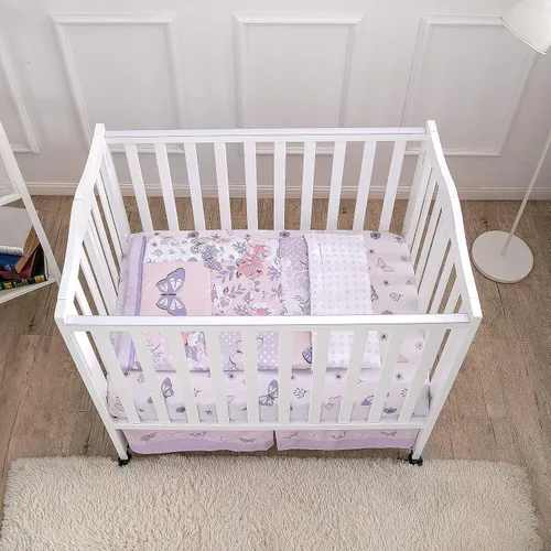 Vista 2 de La Premura Juego de ropa de cama de cuna pequeña para niñas, mariposa púrpura pastel, juego de cuna de 3 piezas para guardería, cuna portátil