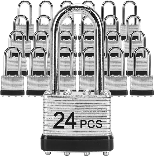 Vista 11 de Candados con la misma llave, LQYN 24 candados laminados con llave (1-9/16 pulgadas, 1.575 in), cerraduras con llave igual, grillete largo